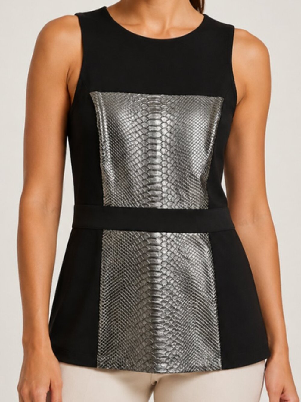 Bailey 44 Black Silver Metallic Snakeskin Peplum Top L